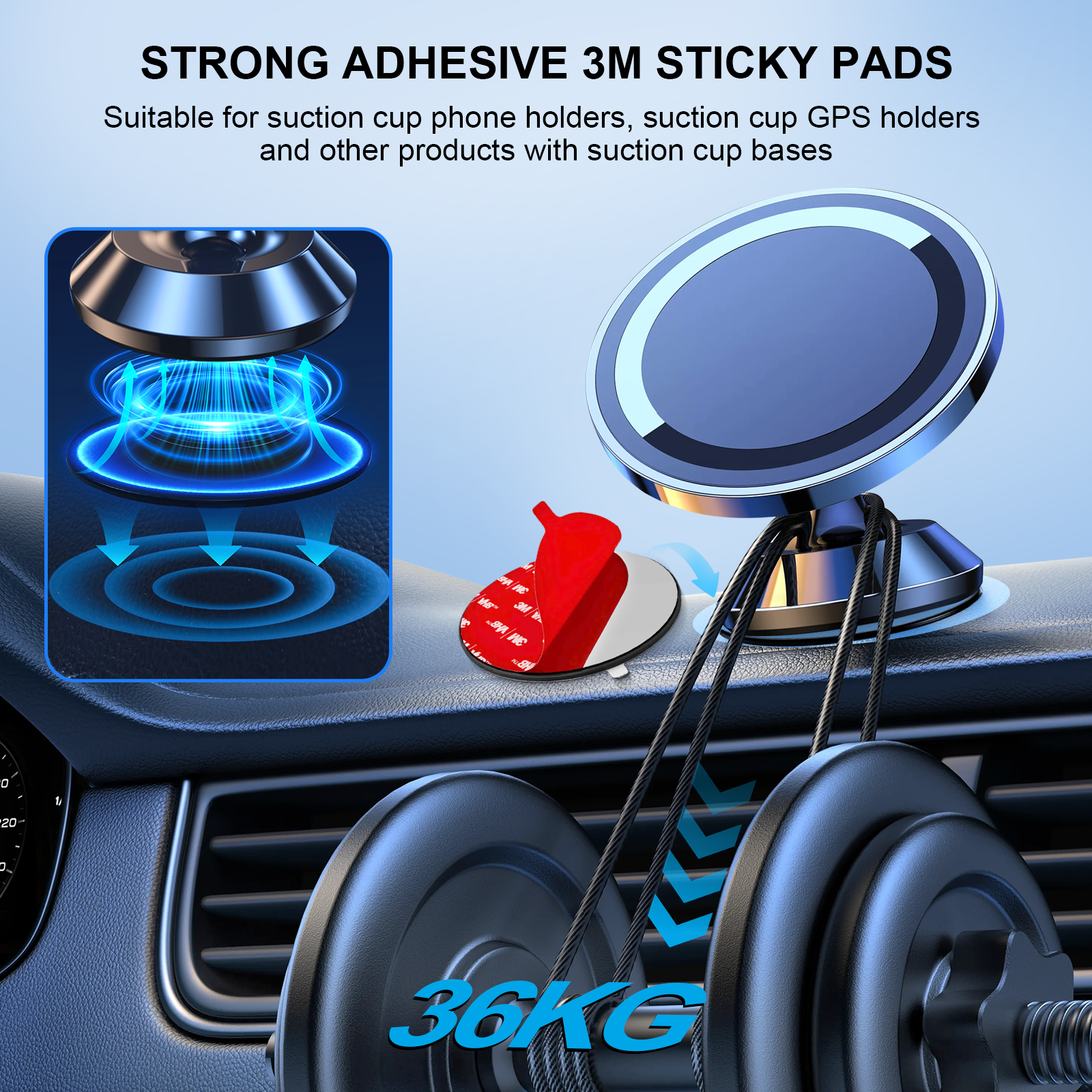 Dashboard Mounting Disk with 3M VHB Adhesive for Car Phone Holder, Suction Cup Mount Plate for GPS & Cell Phone Mount, Universal Adhesive Dashboard Pad 82mm 2 Pack