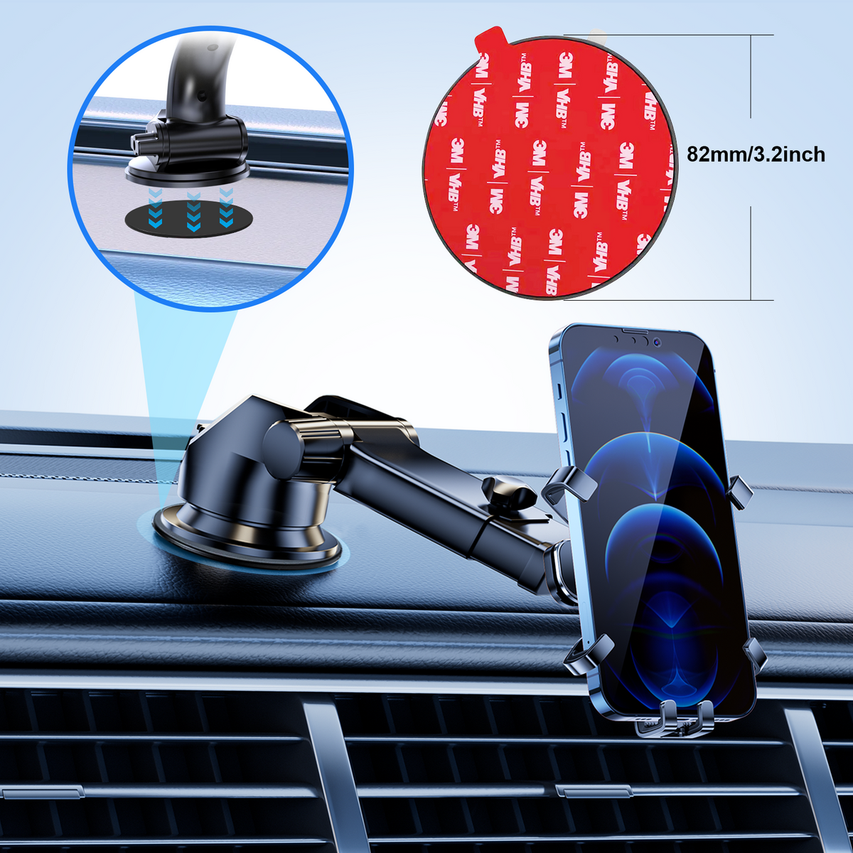 Dashboard Mounting Disk with 3M VHB Adhesive for Car Phone Holder, Suction Cup Mount Plate for GPS & Cell Phone Mount, Universal Adhesive Dashboard Pad 82mm 2 Pack