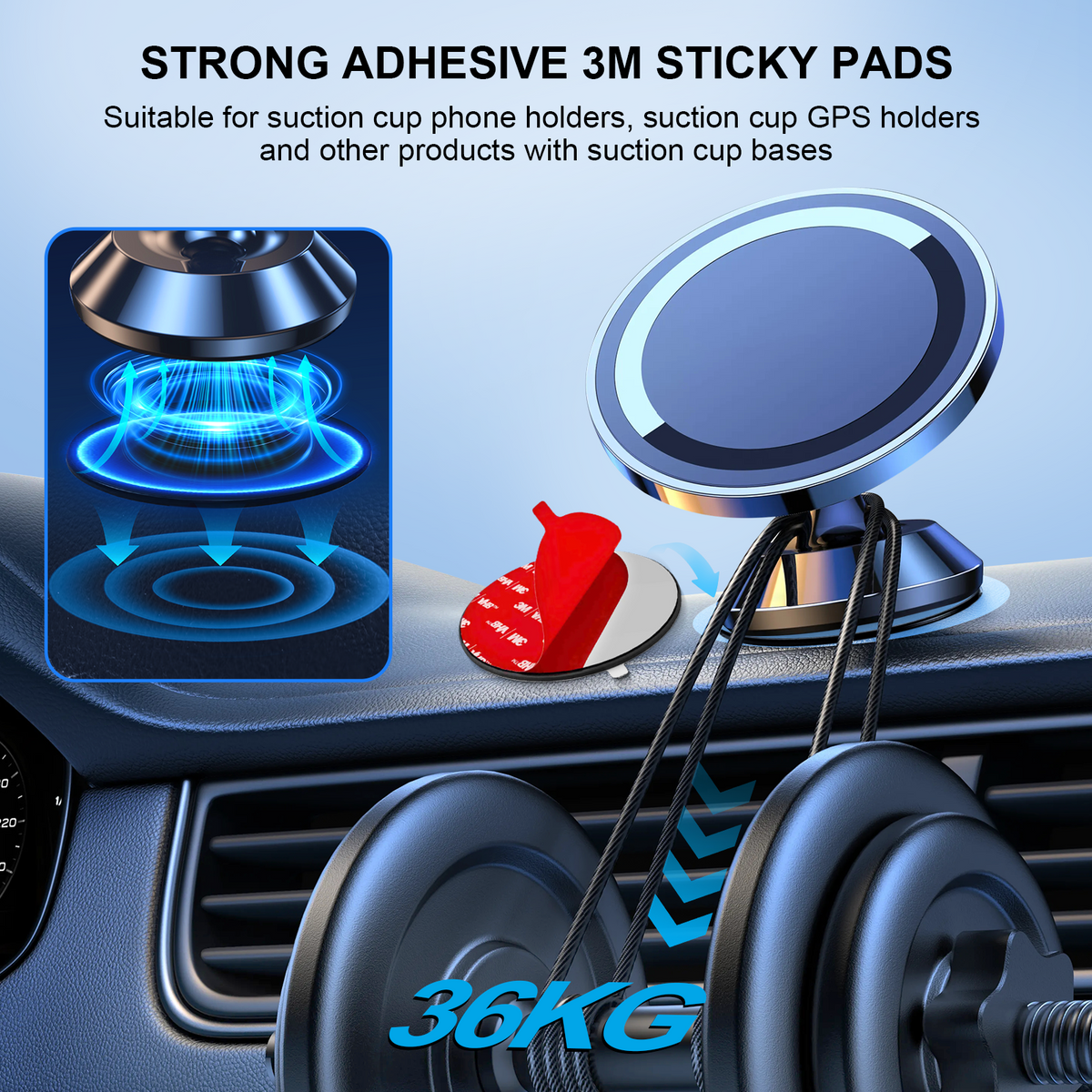 Dashboard Mounting Disk with 3M VHB Adhesive for Car Phone Holder, Suction Cup Mount Plate for GPS & Cell Phone Mount, Universal Adhesive Dashboard Pad 82mm 2 Pack