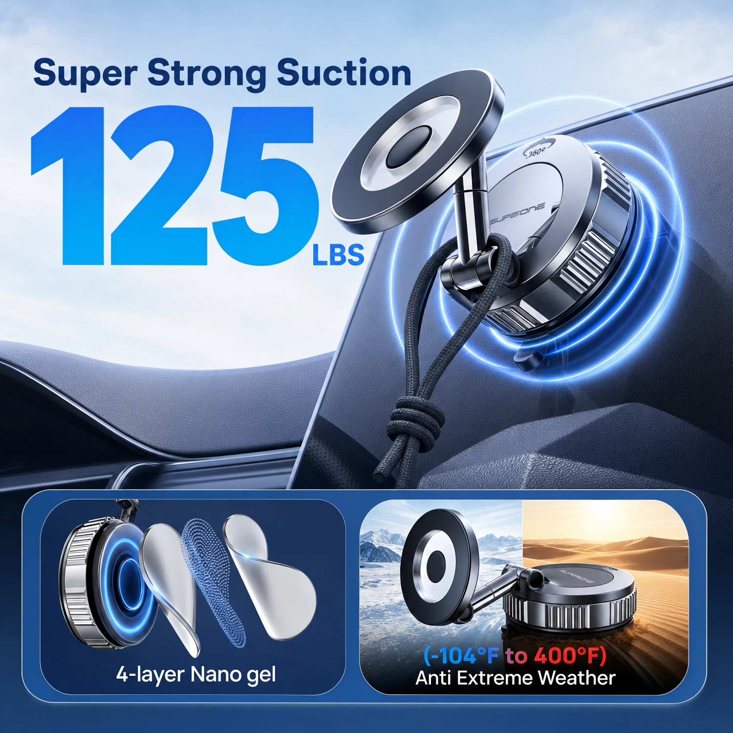 GUANDA Magnetic Car Phone Mount for iPhone, N55 MagSafe Vacuum Suction Cup, Foldable 360° Hands-Free Phone Holder for Car, Home & Travel